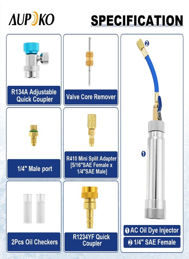 Aupoko AC Oil Dye Injector Kit, A/C Oil Dye Injector Tools with R134a Adjustable Quick Coupler, R410 Mini Split Adapter, Valve Core Remover and Oil Checkers for R134A R1234YF R410A Refrigerant System - Image 3